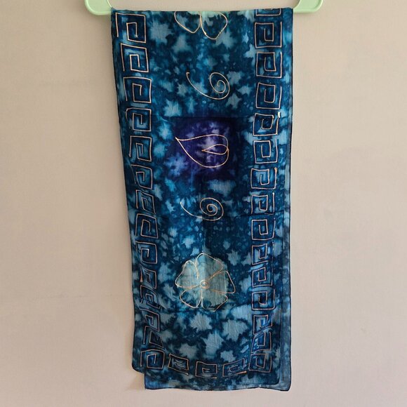 Blue Silk Batik Hand Painted Scarf by Rima Beachwear Greece-New - Picture 2 of 6